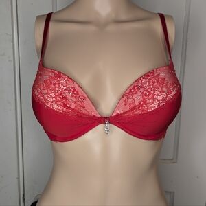 Victoria's Secret Red Lace & Satin Padded Demi Bra w Rhinestones Size 34C